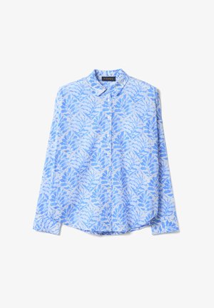 Lichtblauw shirt met lange mouwen, voorzien van een bladpatroon in verschillende blauwtinten, met een kraag en knoopsluiting aan de voorkant. Zachte stoftextuur.