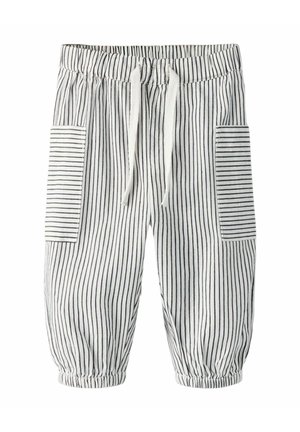 Hvide babybukser med sorte lodrette striber, elastisk talje, snøre, to sidelommer med vandrette striber og elastiske manchetter.