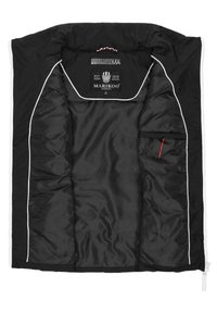 Veste zippée noire avec un intérieur lisse, des garnitures blanches et une poche zippée avec un tirant rouge. Étiquette de la marque à l'intérieur.