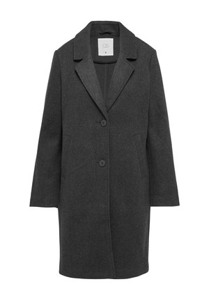 Manteau en laine gris avec un col à revers, trois boutons et des poches latérales ; il présente une texture lisse et une silhouette ajustée.