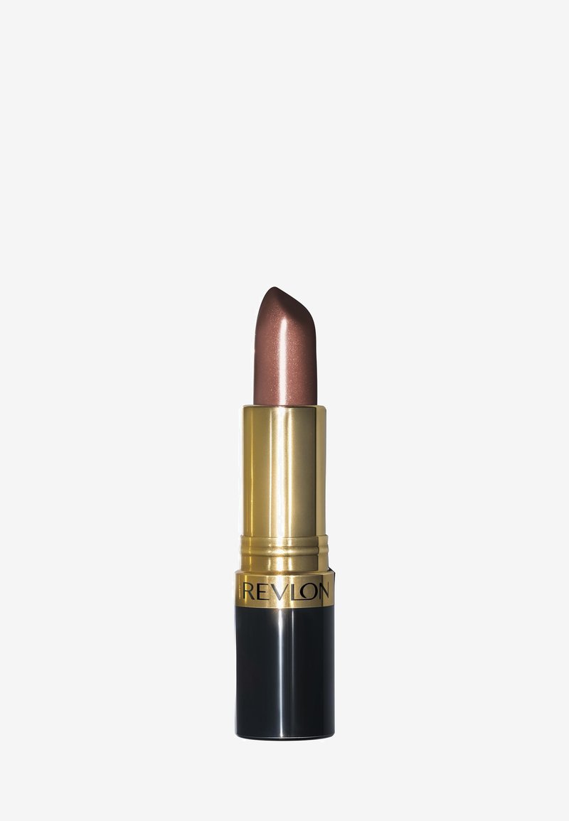 Revlon Lippenstift mit einer metallischen bronzefarbenen Mine, untergebracht in einer goldenen und schwarzen Hülse mit strukturiertem Finish. Klassische zylindrische Form.