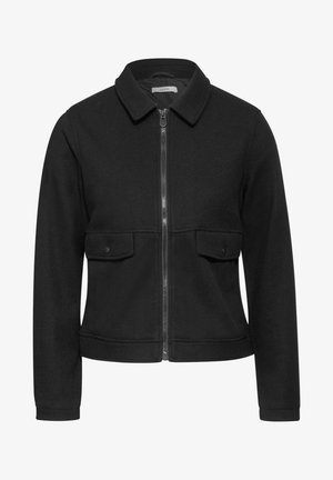 Sort zip-up jakke med krave, to frontlommer og et struktureret stof. Har et tætsiddende design og ribbede manchetter.