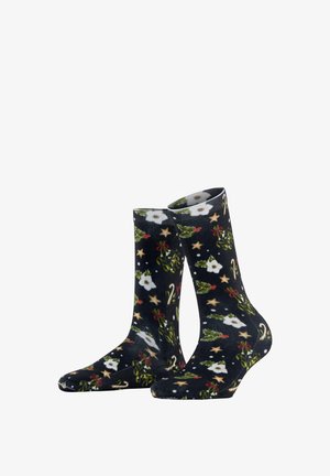 Zwarte sokken met een bloemrijk en feestelijk patroon met witte bloemen, rode strikken, mistletoe en sterren. Gemaakt van een zachte, rekbare stof.
