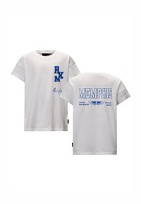 Biała bawełniana koszulka z niebieskim tekstem graficznym z przodu i z tyłu. Zauważalne detale to "RM" oraz "MEMPHIS" z dodatkowym tekstem.