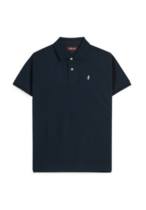 Polo blu navy a maniche corte con due bottoni, colletto e piccolo logo bianco ricamato sul petto sinistro.