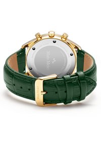 Goldfarbene Chronograph-Uhr mit grünem Lederarmband im Krokodil-Muster, ausgestattet mit einem Gehäuse aus Edelstahl und einem Saphirglas.