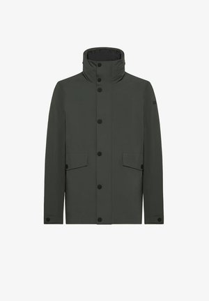 Giacca impermeabile verde scuro con colletto alto, bottoni frontali, due tasche laterali e polsini elastici per una vestibilità sicura.