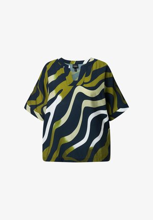 Kurzärmlige Bluse mit V-Ausschnitt und abstrakten wellenförmigen Streifen in Olivgrün, Marineblau, Weiß und Schwarz.