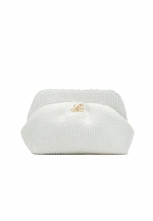White textured woven clutch bag with gold logo detail centered on the top flap against a white background.