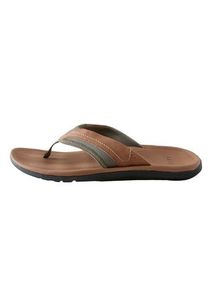 Bruine en grijze herenslippers met een getextureerd voetbed en zwarte rubberen zool, gezien vanaf de zijkant.