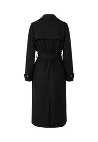 Black trench coat with a belted waist, long sleeves, buttoned cuffs, and a back vent. Made of a smooth, heavy fabric with a classic design.