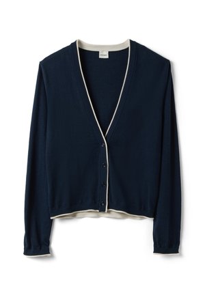 Marineblauer Strickcardigan mit weißen Einfassungen entlang des Ausschnitts, der Bündchen und des Saums, mit V-Ausschnitt und langen Ärmeln.