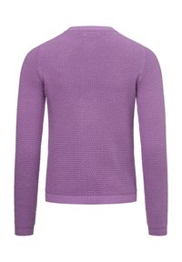 Lila gestrickter Pullover mit strukturierter Musterung, rundem Halsauschnitt und langen Ärmeln. Ribbed Abschlüsse an den Ärmeln und am Saum. Rückansicht abgebildet.