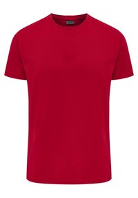 Rotes Baumwoll-T-Shirt mit Rundhalsausschnitt und kurzen Ärmeln. Glatte Textur, normale Passform ohne sichtbare Muster oder Akzente.