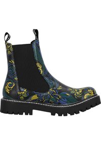 Stivale Chelsea nero con motivo floreale blu e giallo, pannelli laterali elasticizzati e una suola nera spessa con texture rigata.
