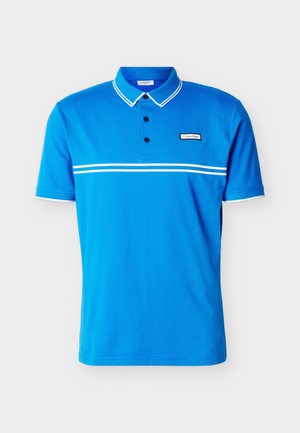 Blue short-sleeve polo shirt with white stripes and trim, three black buttons, and a small rectangular Calvin Klein logo on the chest.