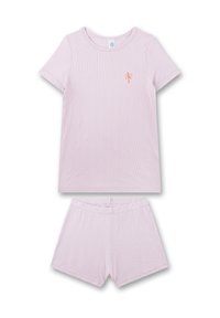 Hellrosa Kurzarmoberteil mit einer kleinen Palme-Stickerei und passenden Shorts. Hergestellt aus geripptem Stoff mit einem elastischen Bund.