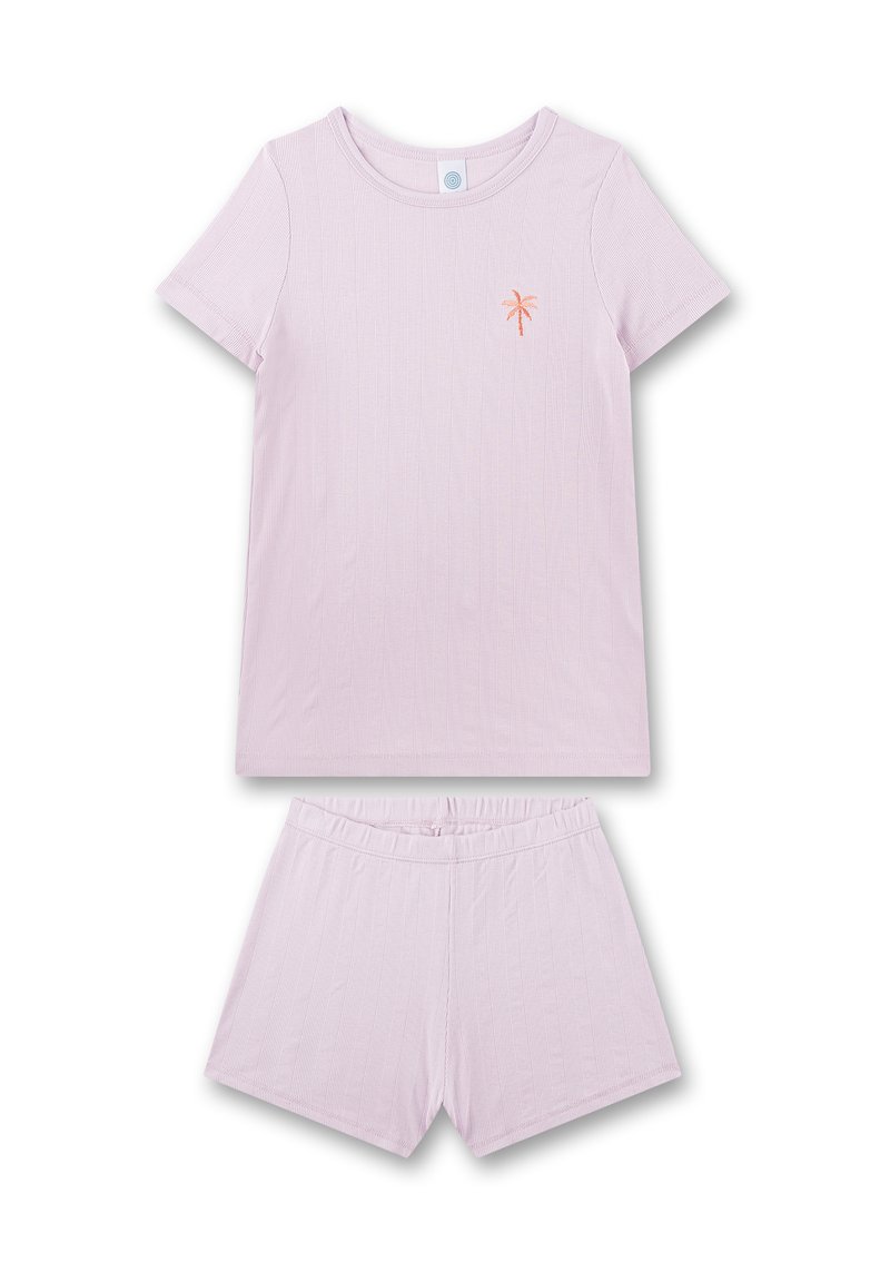 Hellrosa Kurzarmoberteil mit einer kleinen Palme-Stickerei und passenden Shorts. Hergestellt aus geripptem Stoff mit einem elastischen Bund.
