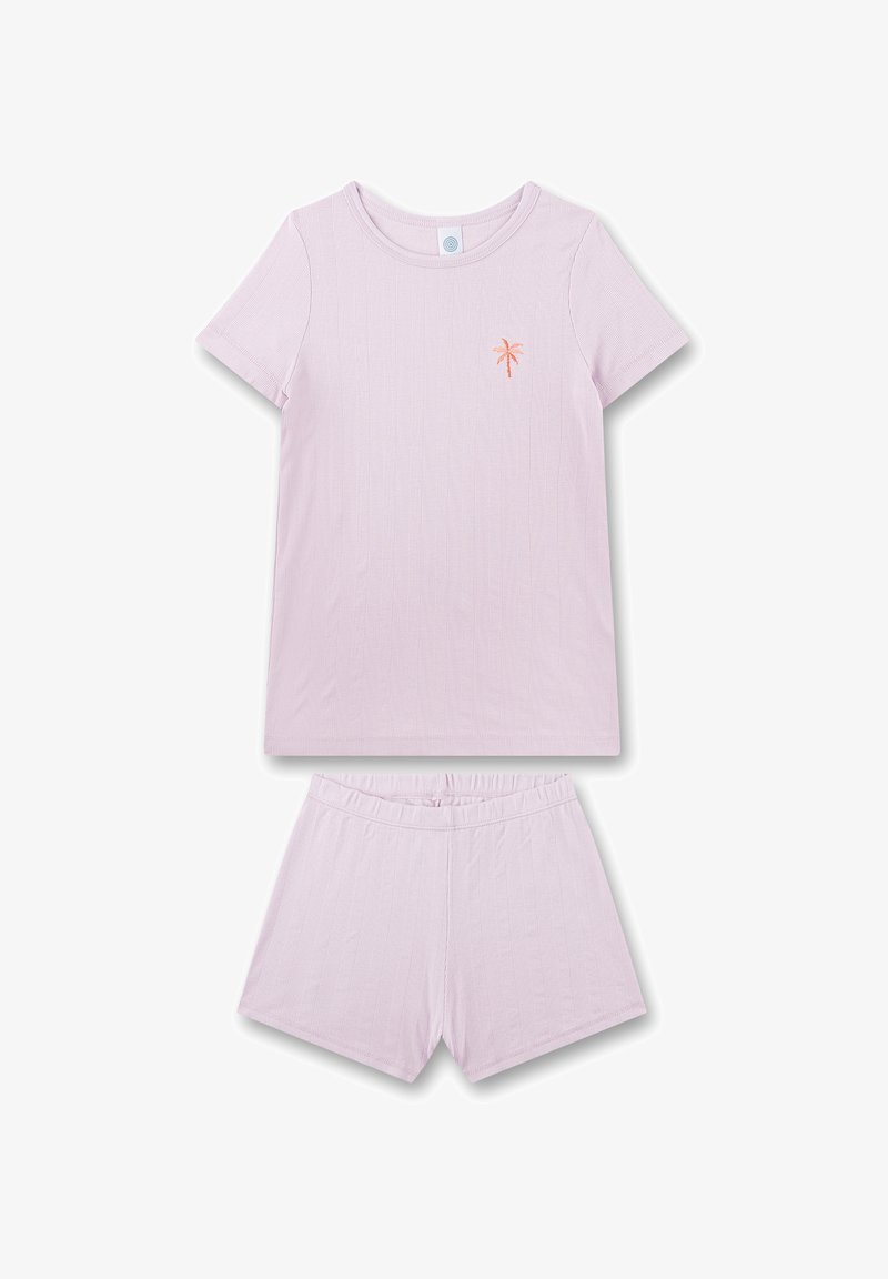 Hellrosa Kurzarmoberteil mit einer kleinen Palme-Stickerei und passenden Shorts. Hergestellt aus geripptem Stoff mit einem elastischen Bund.