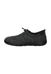Grijze slip-on schoen met een ronde neus, zwarte rubberen zool, elastische trekkoord en een minimalistisch ontwerp. Zachte textuur zonder zichtbare patronen.
