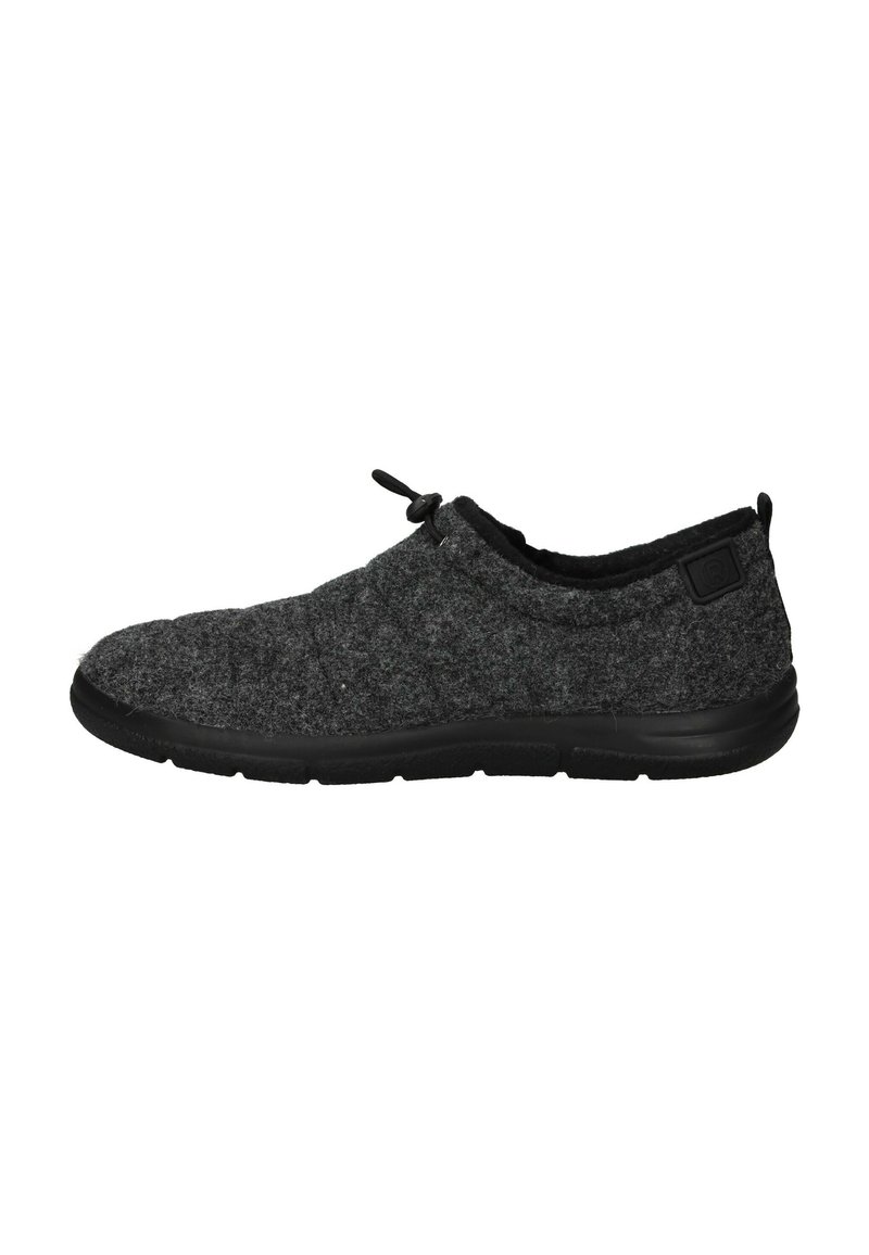 Grijze slip-on schoen met een ronde neus, zwarte rubberen zool, elastische trekkoord en een minimalistisch ontwerp. Zachte textuur zonder zichtbare patronen.