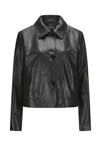 Schwarze, kurz geschnittene Lederjacke mit Kragen, Knopfverschluss und zwei Fronttaschen; glatte Textur und minimalistisches Design.