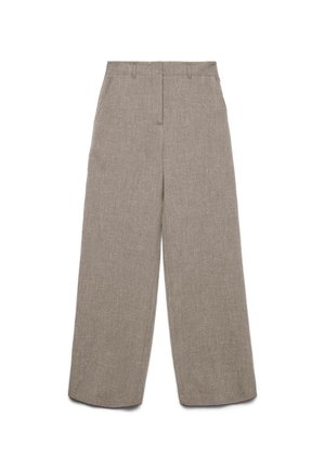 Bež široke hlače iz lanu z zankami za pas in sprednjim zadrgo, ravnim sprednjim delom, prikazane na belem ozadju.