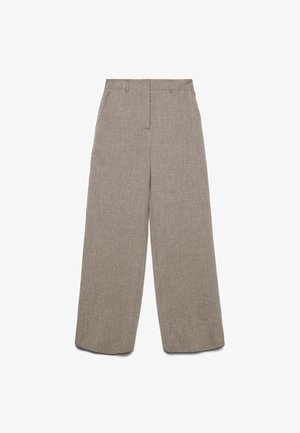 Bež široke hlače iz lanu z zankami za pas in sprednjim zadrgo, ravnim sprednjim delom, prikazane na belem ozadju.