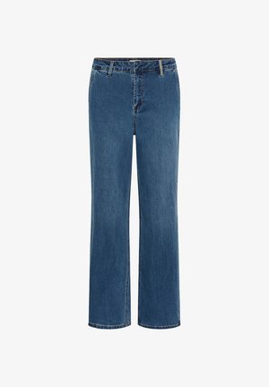 Modre jeanske hlače s ravnimi nogami, srednjim pasom, petimi žepi in kontrastnimi šivi.