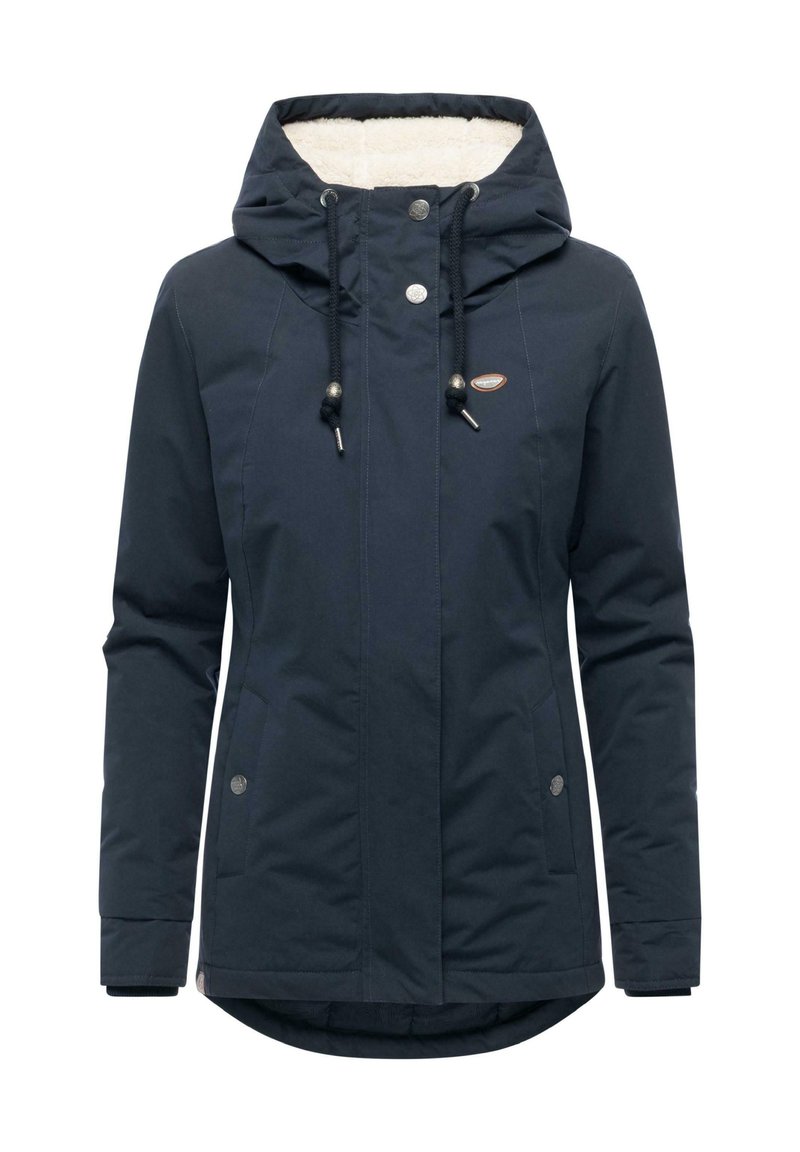 Navy women's jacket with a fur-lined hood, snap buttons, and side pockets. Material appears smooth with a slight sheen; adjustable drawstrings.