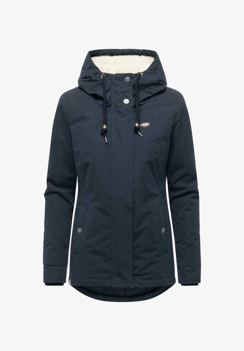 Navy women's jacket with a fur-lined hood, snap buttons, and side pockets. Material appears smooth with a slight sheen; adjustable drawstrings.