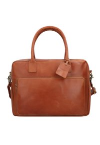 Bruine leren tas met twee korte handgrepen en een afneembare schouderriem. Voorzien van een voorzak met rits en een bagagelabel-detail. Rechthoekige vorm.