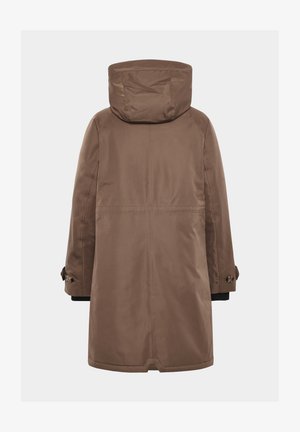 Brauner wasserdichter Parka mit Kapuze, gerade geschnitten, langen Ärmeln und knöpfbaren Manschetten. Glattes Material ohne sichtbare Muster.