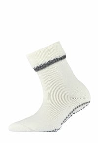 Calzini alla caviglia in cotone di colore avorio con un bordo a coste grigio e pinch-anti-scivolo sulla suola. Presentano un design a maglia testurizzata.