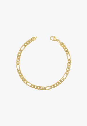 Bracciale in oro con maglie intrecciate, caratterizzato da una superficie liscia, chiusura a moschettone e una finitura lucida.