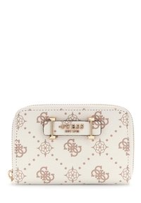 Portafoglio a zip color crema di Guess con stampa monogramma beige e placca logo in metallo dorato sulla parte anteriore.