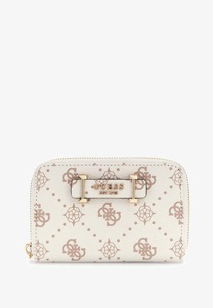 Portafoglio a zip color crema di Guess con stampa monogramma beige e placca logo in metallo dorato sulla parte anteriore.