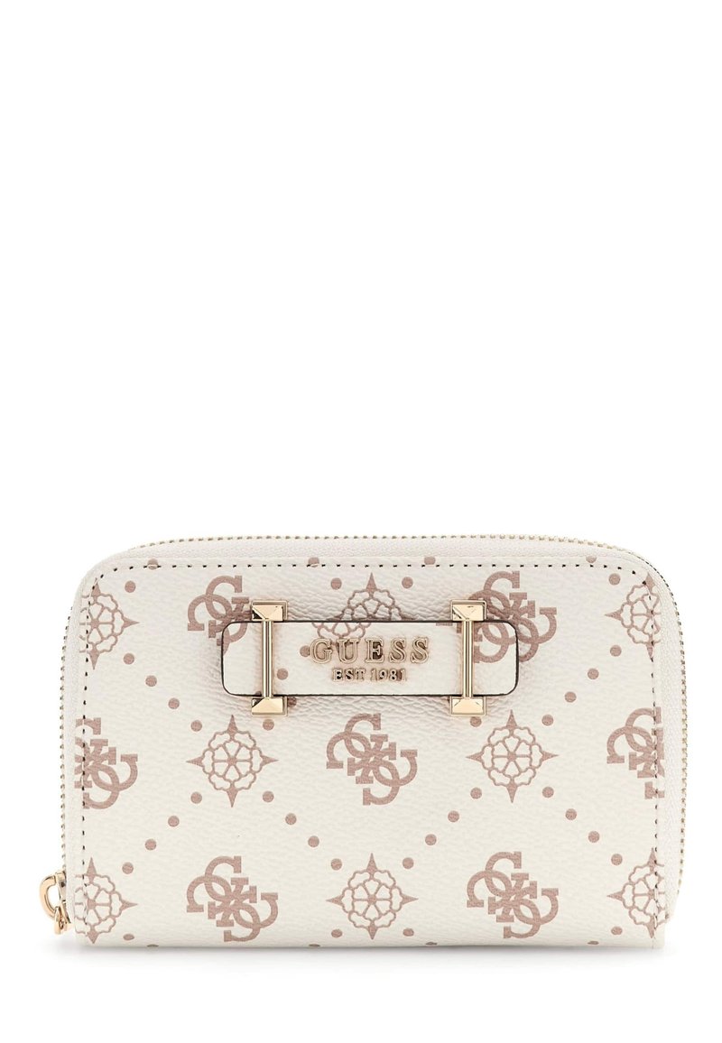 Portafoglio a zip color crema di Guess con stampa monogramma beige e placca logo in metallo dorato sulla parte anteriore.