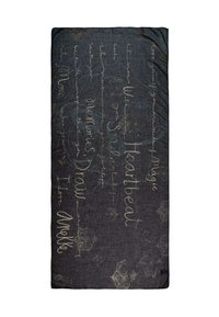 Tessuto scuro con testo in stile calligrafico beige, che presenta parole come "Battito del cuore", "Sorriso", "Memorie" e "Disegna" in corsivo.