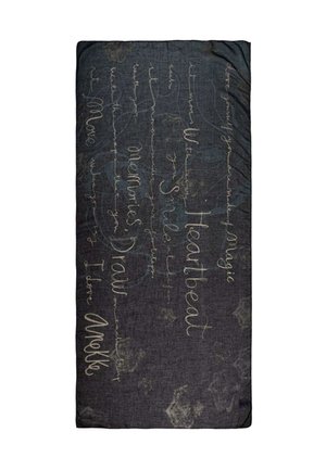 Tessuto scuro con testo in stile calligrafico beige, che presenta parole come "Battito del cuore", "Sorriso", "Memorie" e "Disegna" in corsivo.