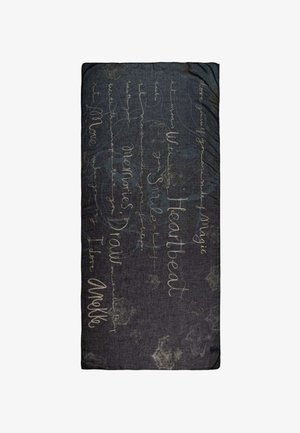 Tessuto scuro con testo in stile calligrafico beige, che presenta parole come "Battito del cuore", "Sorriso", "Memorie" e "Disegna" in corsivo.