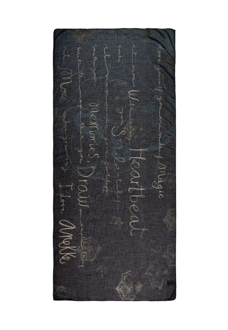 Tessuto scuro con testo in stile calligrafico beige, che presenta parole come "Battito del cuore", "Sorriso", "Memorie" e "Disegna" in corsivo.