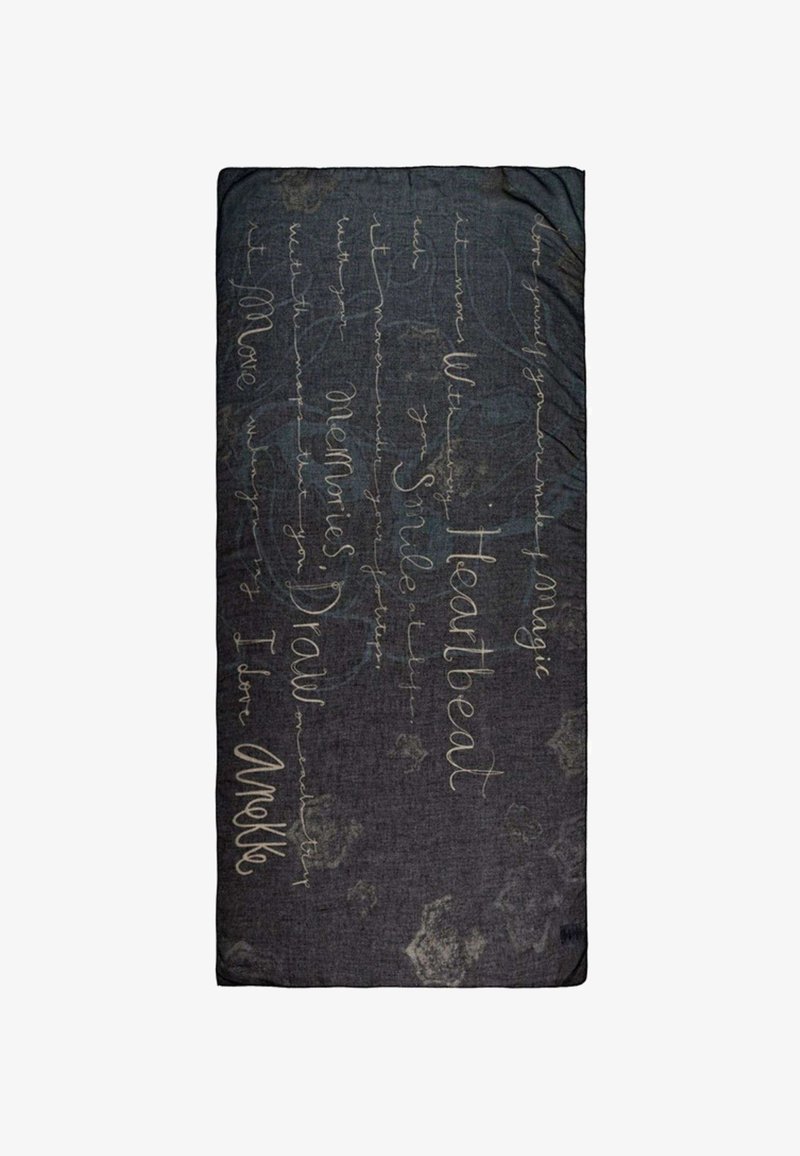 Tessuto scuro con testo in stile calligrafico beige, che presenta parole come "Battito del cuore", "Sorriso", "Memorie" e "Disegna" in corsivo.