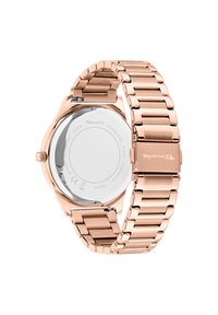 Roségoldene Edelstahl-Uhr mit einem Armbanddesign aus Gliedern, rundem Gehäuse und einer polierten Metalloberfläche. Verfügt über ein klares und glattes Glassdisplay.