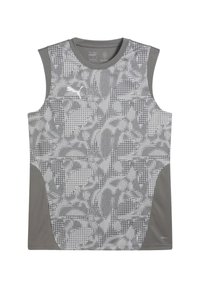 Top atletico senza maniche grigio con un design texture e a fantasia in diverse tonalità di grigio e un pannello laterale grigio. Realizzato in materiale traspirante.