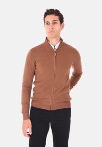 Cardigan marrone con zip, realizzato in un tessuto morbido e testurizzato, con colletto alto, design aderente e polsini e orlo a coste. Indossato con pantaloni neri.