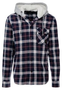 Flannel shirt with a navy, white, and maroon plaid pattern. Features a grey, fleece-lined hood and a chest pocket with a button closure.