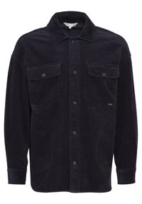 Navy corduroy shirt with button closure, two chest pockets, and ribbed texture. Features a classic collar and long sleeves with button cuffs.