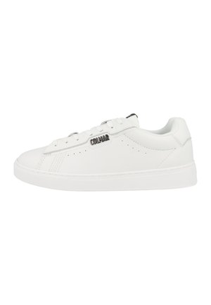 White low-top sneaker with white laces, perforated side details, and metal "Colmar" logo on the outer side.