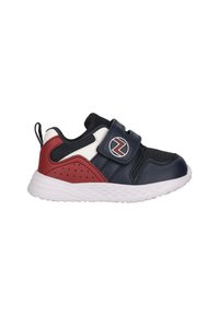Blauer und roter Sport-Schuh mit Obermaterial aus Netz und Synthetik, Klettverschluss, weißer Sohle und durchbrochenen Akzenten zur Belüftung.